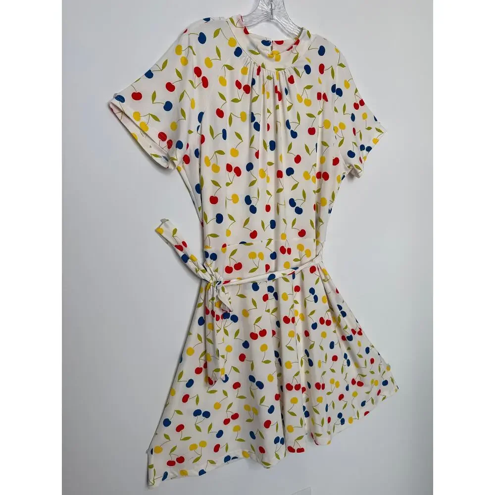 ModCloth Cherry Print retro swing Fit & Flare Dress mock neck & belt XL
